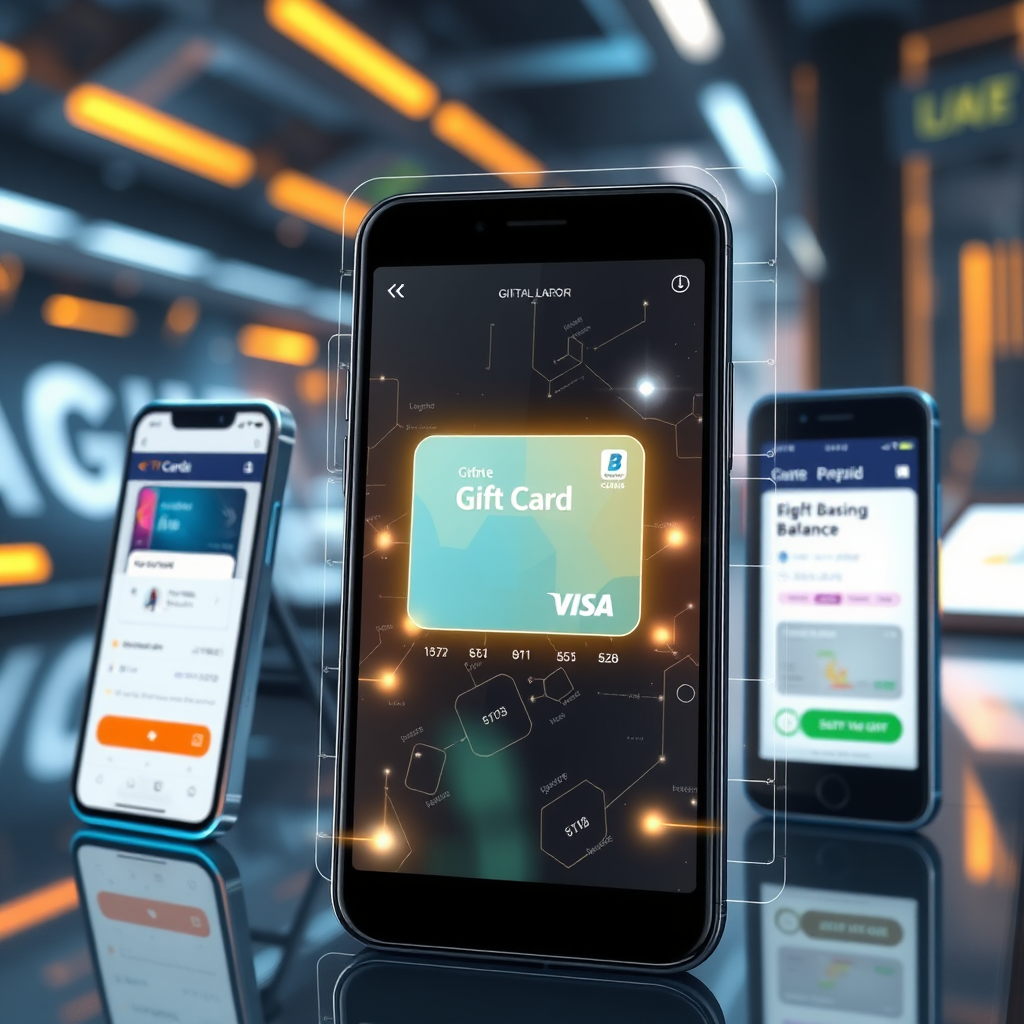 Digital gift cards displayed on modern smartphones and tablets with holographic effects, showing various prepaid balance interfaces and mobile wallet applications in a futuristic tech environment