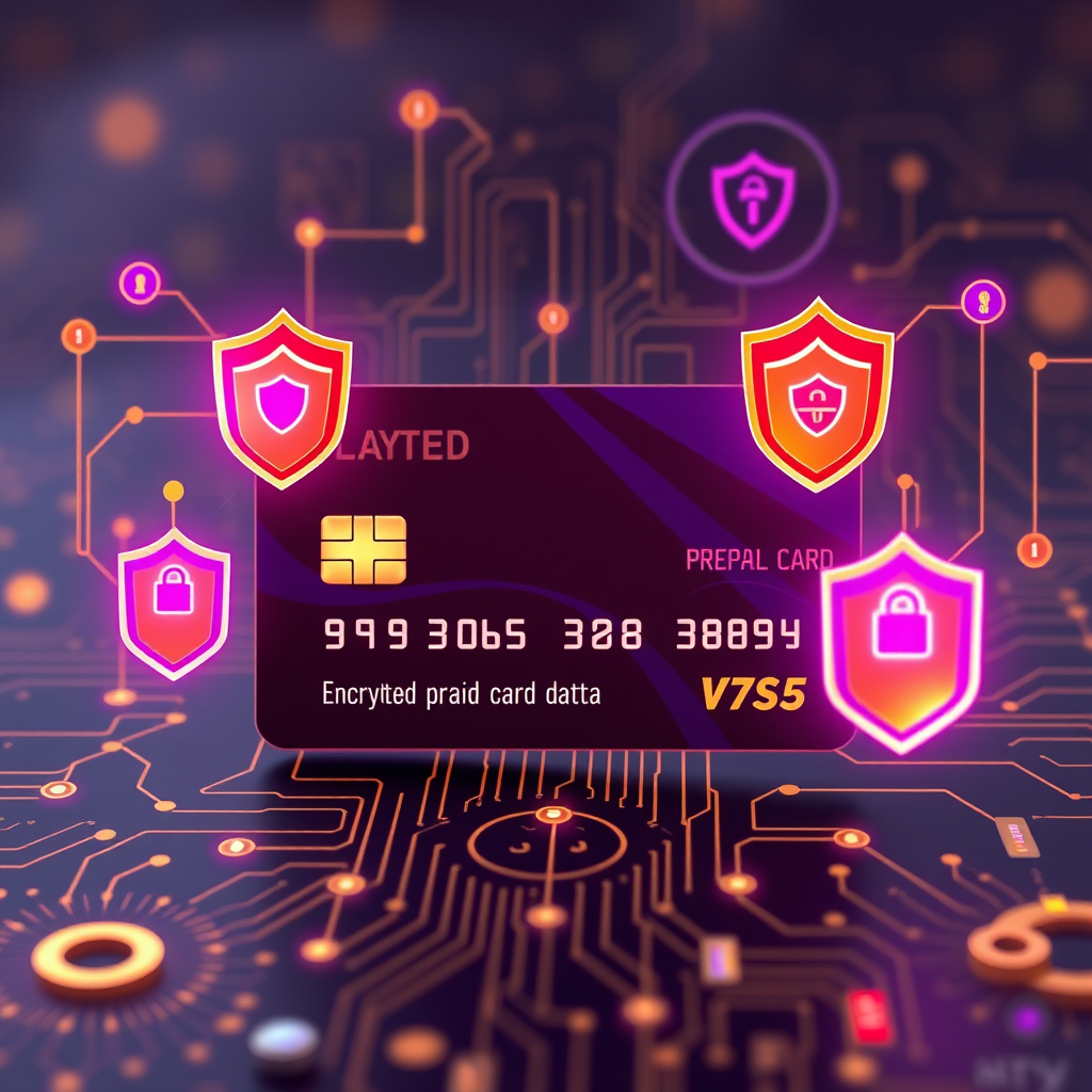 Digital security concept showing encrypted prepaid card data with multi-factor authentication symbols, holographic security shields, and modern fintech interface elements in purple and gold colors