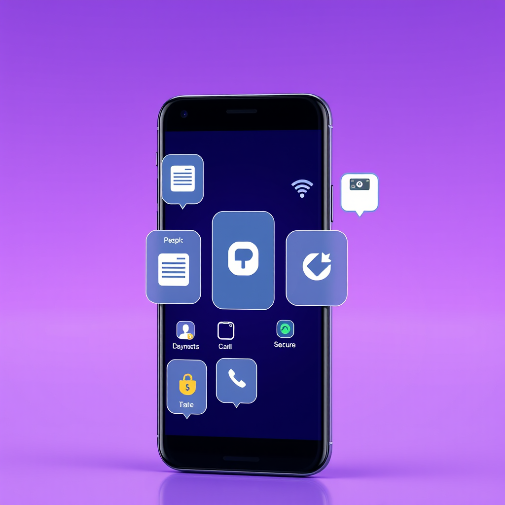 Modern smartphone displaying various digital wallet applications including mobile payment interfaces, contactless payment symbols, and secure transaction icons against a futuristic purple gradient background