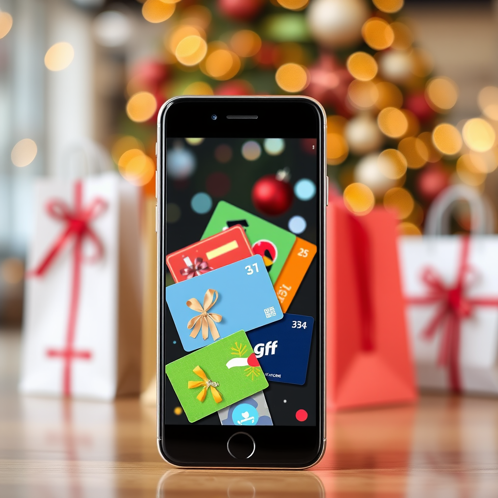 Modern smartphone displaying colorful digital gift cards on screen with holiday decorations and shopping bags in background, representing the growing trend of digital gift card purchases during holiday season