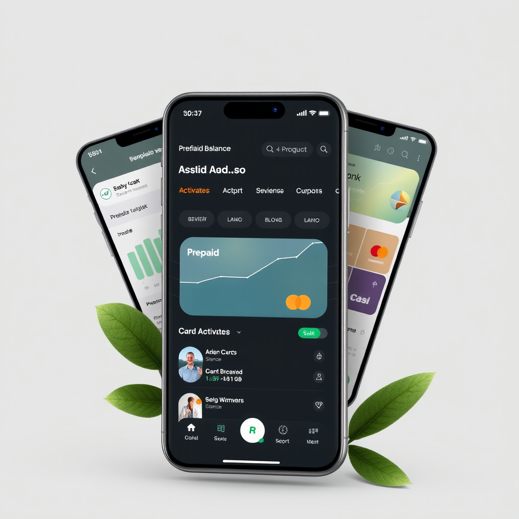 Modern financial app interface showing sleek user dashboard with glass-morphism design elements, featuring prepaid balance management, card activation screens, and intuitive navigation on mobile device