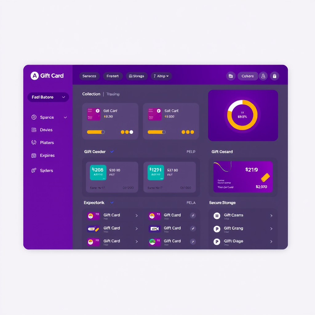 Modern digital gift card management dashboard interface showing organized card collection with balance tracking, expiration dates, and secure storage features in a sleek purple and gold design