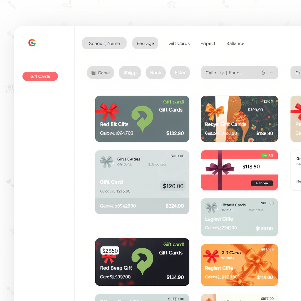 Modern gift card management dashboard interface showing multiple digital gift cards organized in a sleek grid layout with balance information and expiration dates