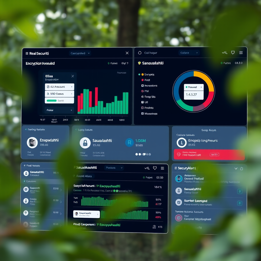 Advanced security dashboard showing real-time monitoring of Elisa and Saunalahti prepaid accounts with encryption status, login attempts, and security alerts displayed on multiple screens