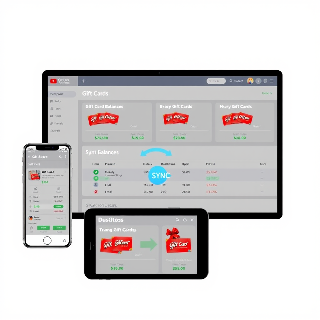 Mobile integration dashboard showing synchronized gift card balances across smartphone, tablet and desktop devices with real-time sync indicators