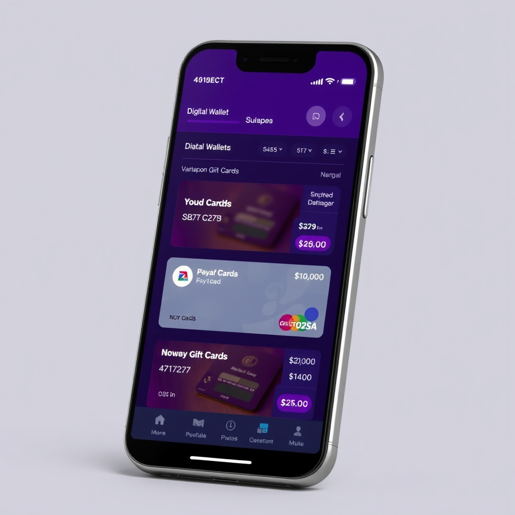 Modern mobile phone displaying a digital wallet interface with multiple prepaid cards and gift card balances, featuring sleek UI design with purple and silver color scheme