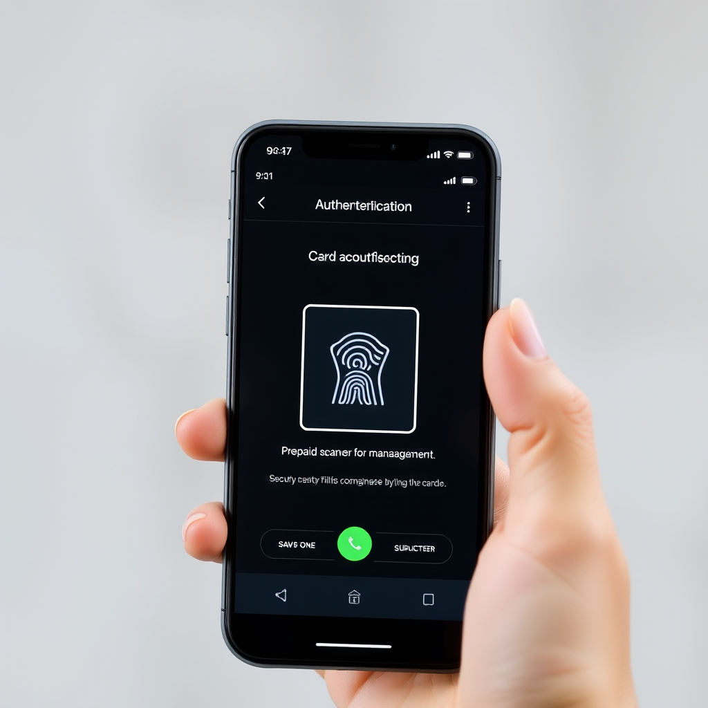 Mobile phone displaying multi-factor authentication interface for prepaid card management with biometric scanner and security tokens