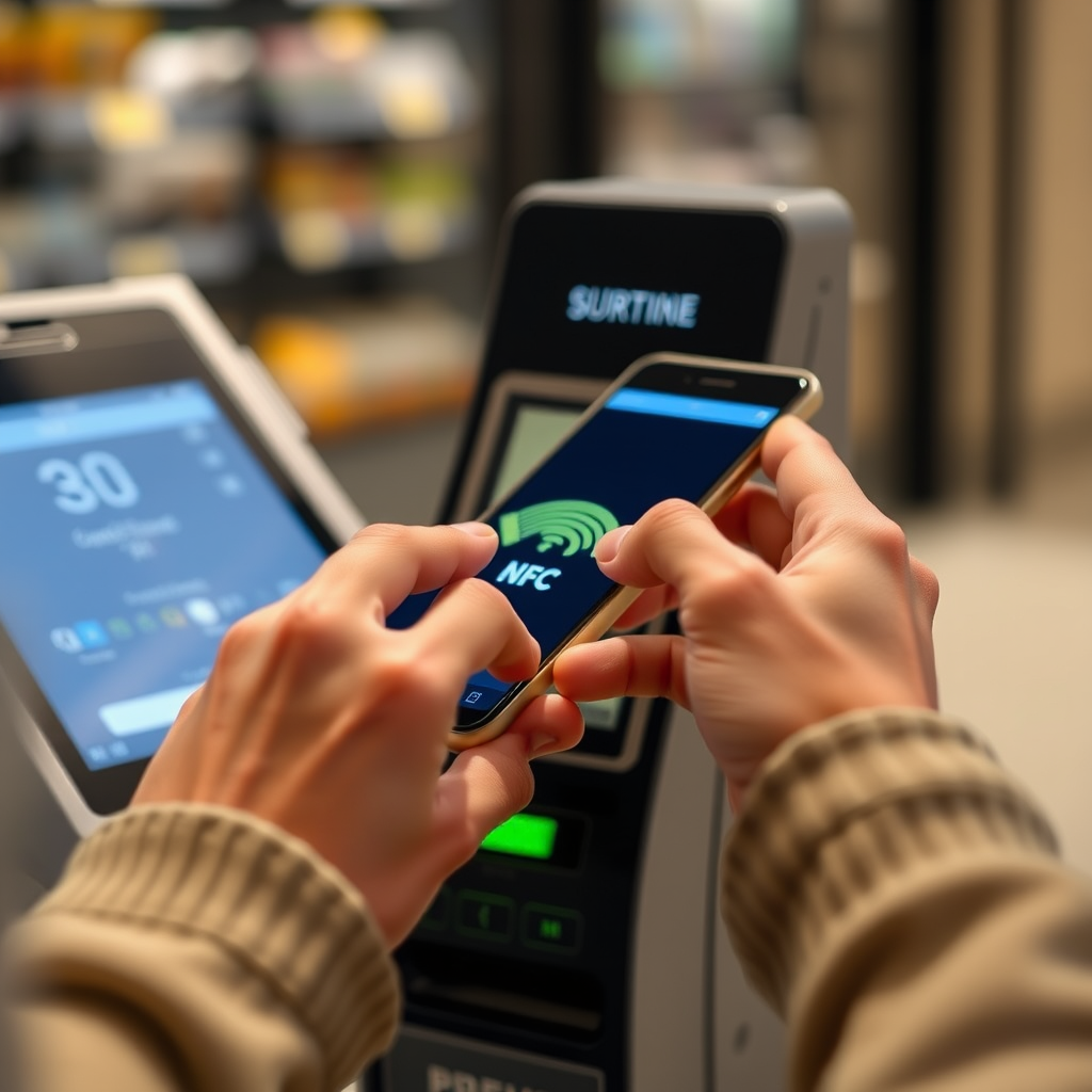 Close-up view of hands using a smartphone to make a contactless payment at a modern point-of-sale terminal, with NFC payment symbols glowing on the screen