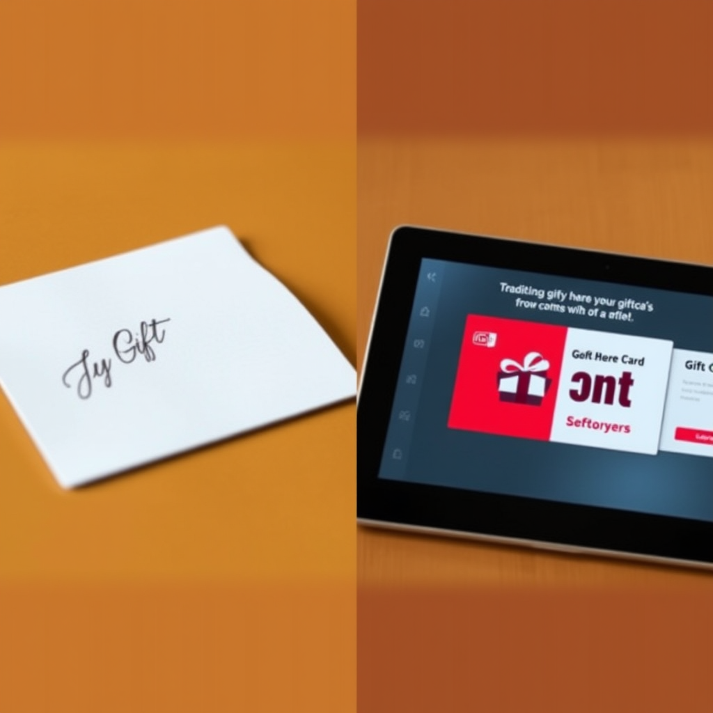 Split screen showing traditional physical gift cards on left versus modern digital gift card interface on tablet screen on right, highlighting the evolution from physical to digital gifting solutions