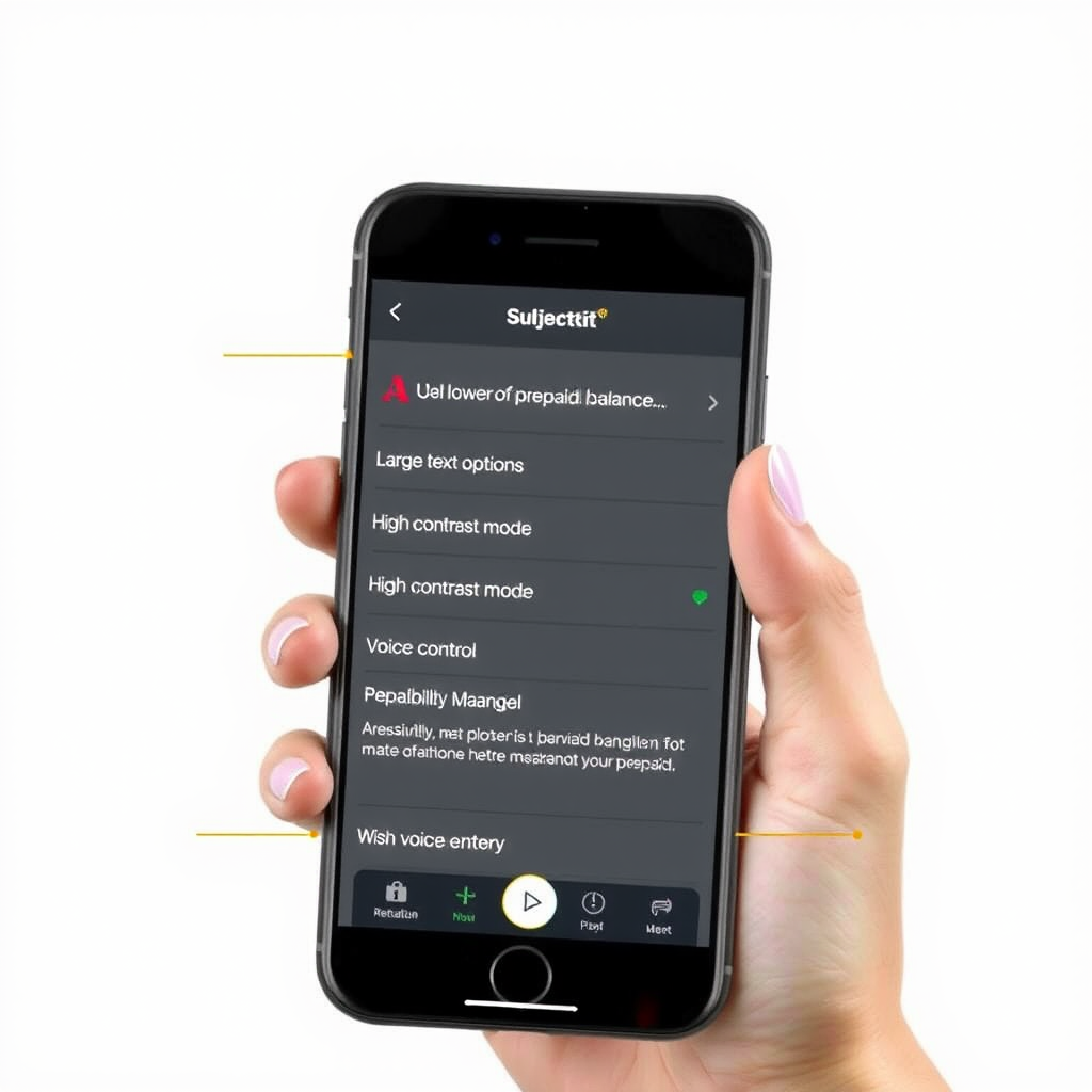 Accessibility features in financial app showing large text options, high contrast mode, and voice control interface for prepaid balance management