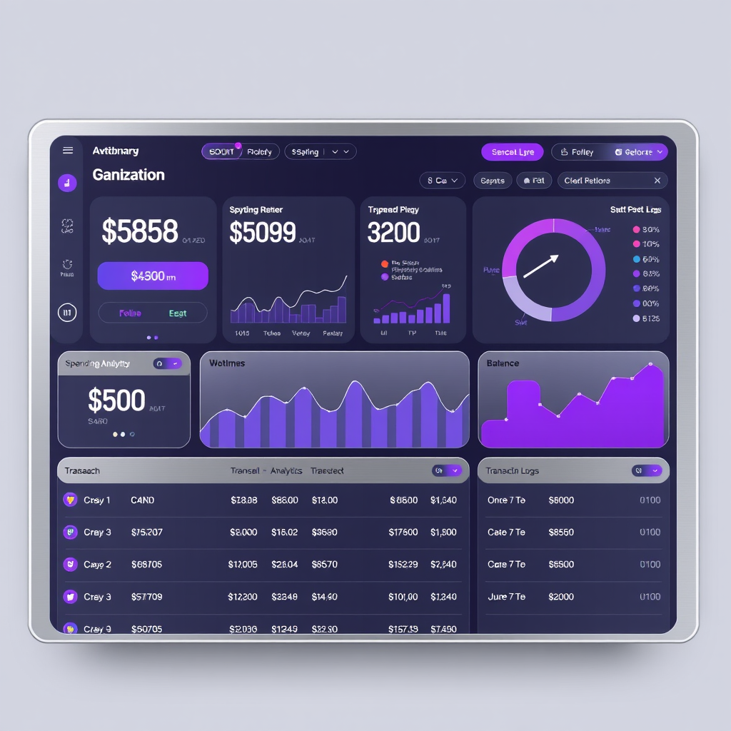 Advanced balance monitoring dashboard displaying real-time prepaid account balances, spending analytics charts, and transaction logs with silver and purple futuristic interface design