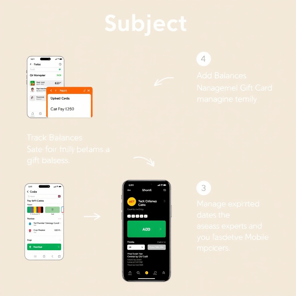 Step-by-step visual guide showing the gift card management process from adding cards to tracking balances and managing expiration dates in an elegant mobile interface
