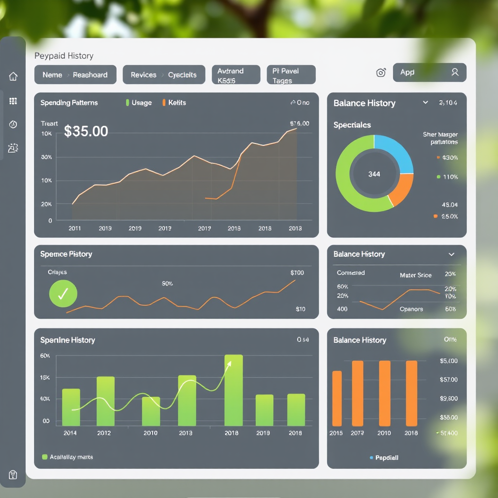 Detailed analytics dashboard showing spending patterns, usage trends, and balance history charts for prepaid account management