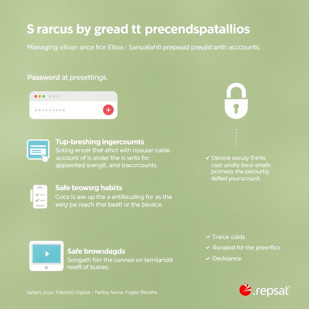Infographic showing security best practices for managing Elisa and Saunalahti prepaid accounts, including password strength, device security, and safe browsing habits