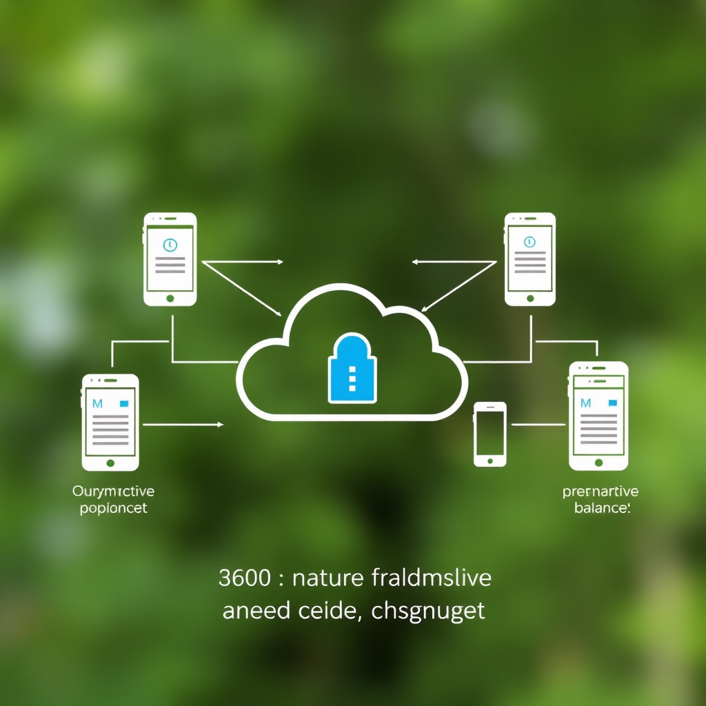 Technical diagram showing secure cloud synchronization between multiple devices with encrypted data transfer for prepaid balance management