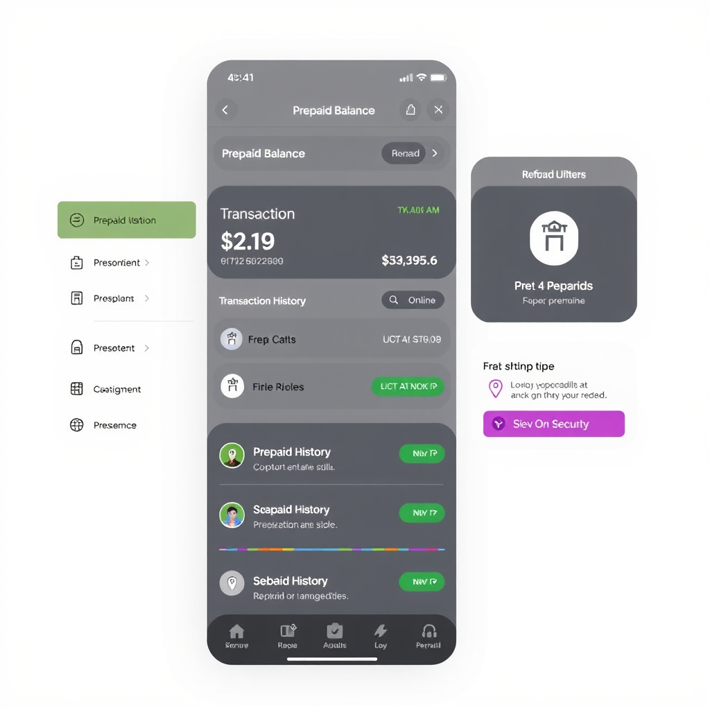 Digital wallet interface showing prepaid balance management, transaction history, and reload options with modern UI elements and security indicators