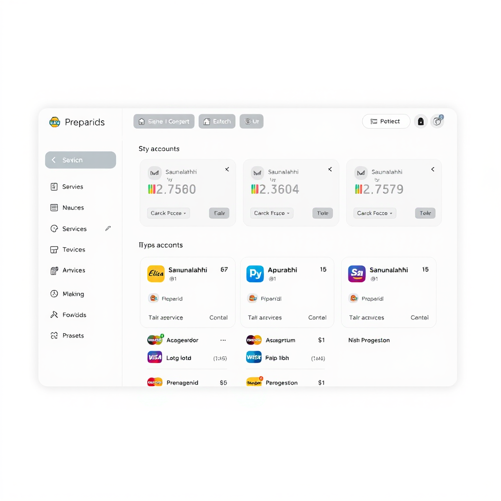 Streamlined navigation interface showing unified dashboard for managing multiple prepaid accounts including Saunalahti and Elisa services with card-based layout and quick action buttons