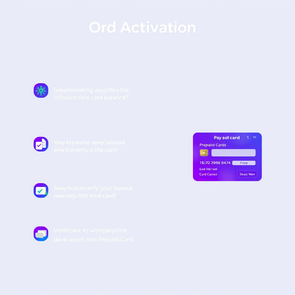 Streamlined card activation interface showing step-by-step activation workflow with verification screens and balance confirmation for prepaid cards in electric blue and purple design