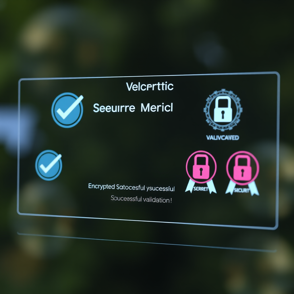 Security verification screen displaying encrypted data processing with checkmarks and security badges confirming successful validation