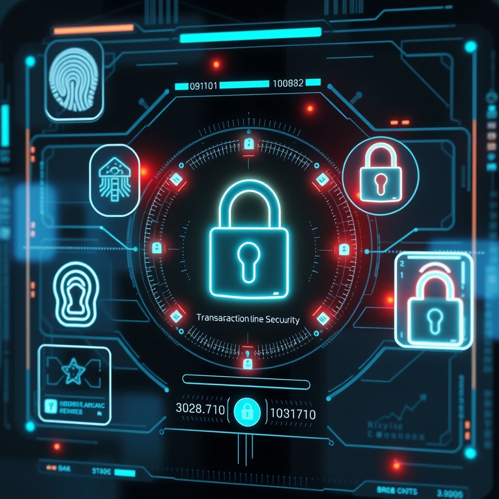 Futuristic security interface showing biometric authentication, encryption symbols, and secure transaction processing with holographic elements and digital security badges