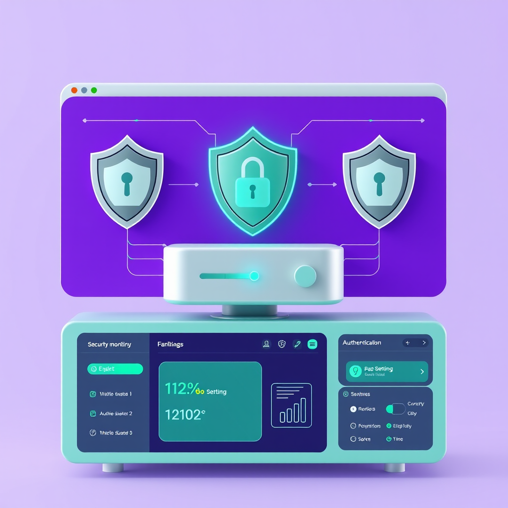 Multi-layered security system interface displaying encryption shields, two-factor authentication setup, and security monitoring dashboard with purple background and mint green accents
