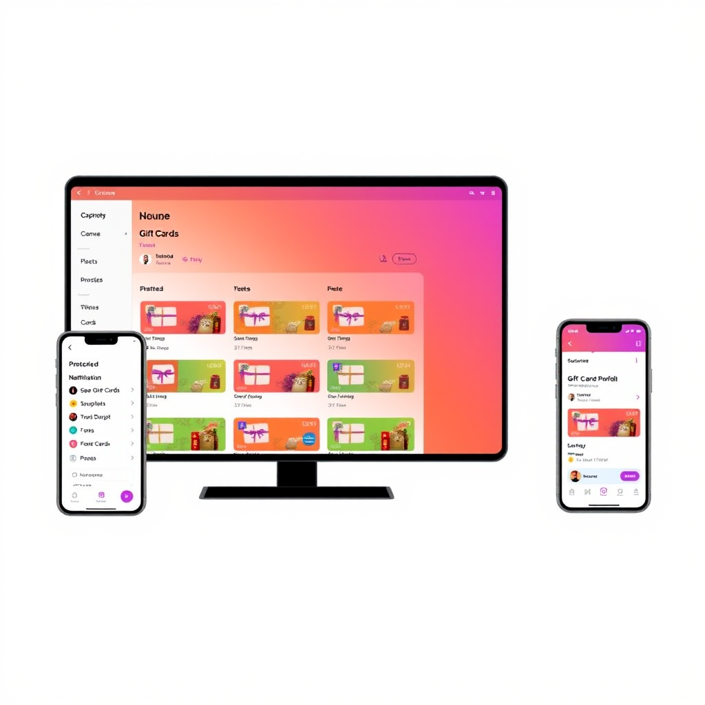 Cross-platform mobile integration showing synchronized gift card portfolio across desktop and mobile devices with push notifications and mobile-optimized interface in orange and purple gradient